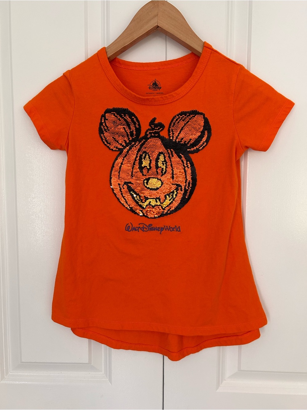 Disney Parks girls size medium sequin Halloween Mickey orange tshirt pumpkin